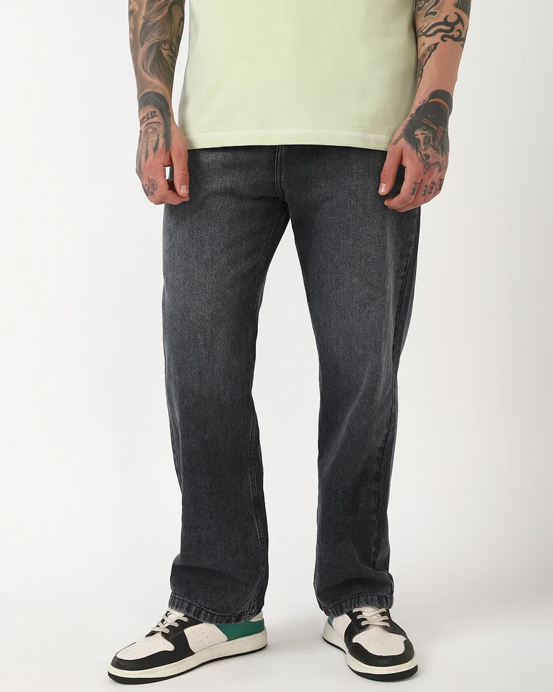 بيواكوف Men's Grey Baggy Fit Washed Mid-Rise Jeans